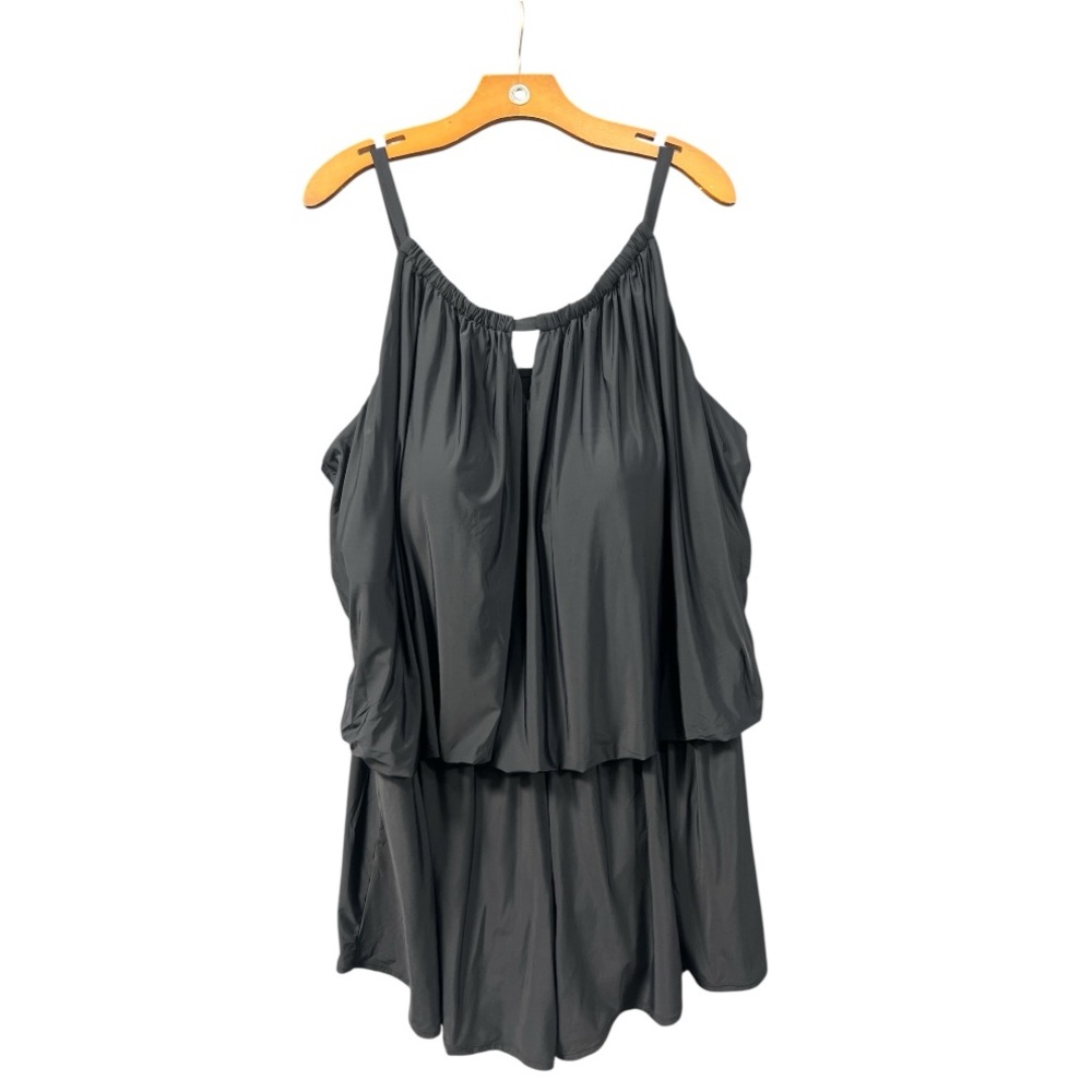 Swimsuits for all One Piece Black Drapey Swimsuit Romper Shorts 30 High Neck